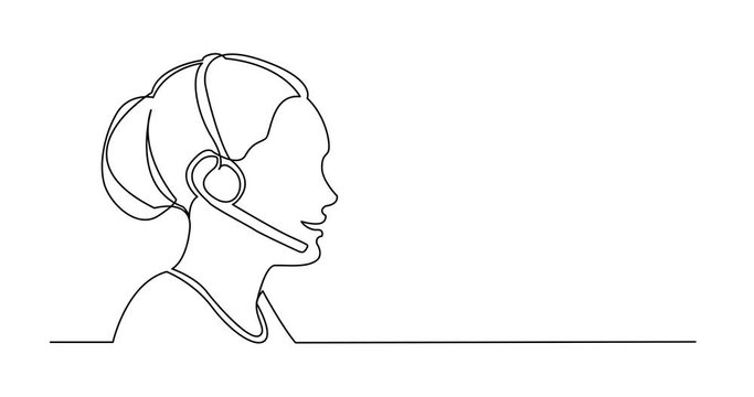 Self drawing line animation of profile portrait of call center woman with headset