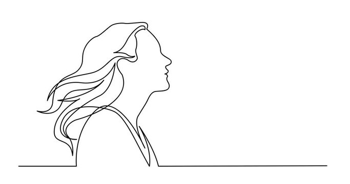 Self drawing line animation of profile portrait of happy woman enjoying life