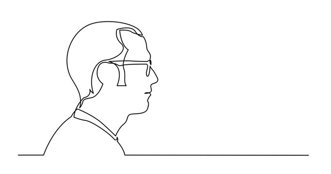 Self drawing line animation of profile portrait of man in glasses