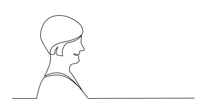 Self drawing line animation of profile portrait of smiling senior woman