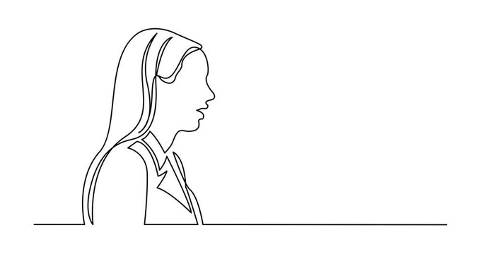Self drawing line animation of profile portrait of surprized ordinary woman