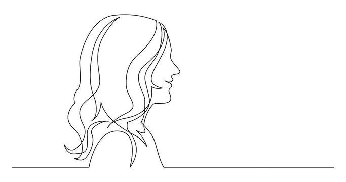 Self drawing line animation of profile portrait of smiling young woman with curly hair