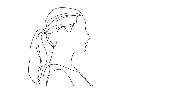 Self drawing line animation of profile portrait of positive young long haired woman