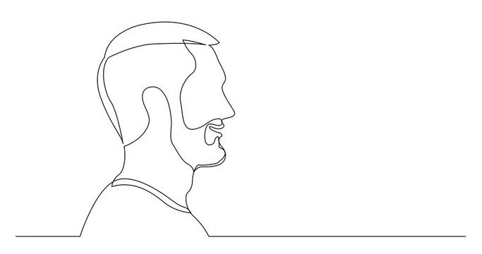 Self drawing line animation of profile portrait of young talking bearded man