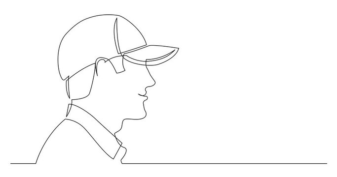 Self drawing line animation of profile portrait of smiling man in baseball cap