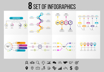 Set Of 8 Infographics Elements Vector Design Template. Business Data Visualization Infographics Timeline with Marketing Icons most useful can be used for workflow, presentation, diagrams, reports