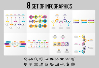 Fototapeta na wymiar Set Of 8 Infographics Elements Vector Design Template. Business Data Visualization Infographics Timeline with Marketing Icons most useful can be used for workflow, presentation, diagrams, reports