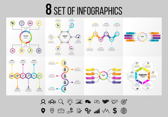 Set Of 8 Infographics Elements Vector Design Template. Business Data Visualization Infographics Timeline with Marketing Icons most useful can be used for workflow, presentation, diagrams, reports