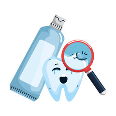 comic tooth with toothpaste and magnifying glass