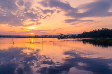 Fototapeta na wymiar Sunrise in the lake Rawa Pening, Indonesia 