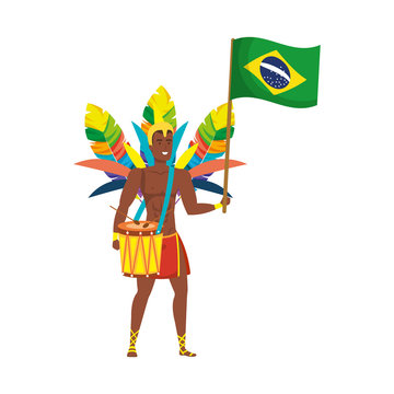 brazilian male dancer playing drum with flag