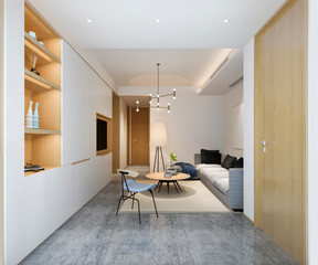 3d rendering loft luxury living room with bookshelf