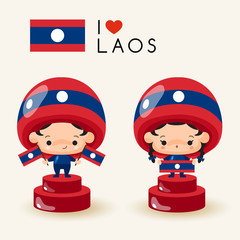Boy and girl wearing national hat and holding national flags : Laos : Vector Illustration