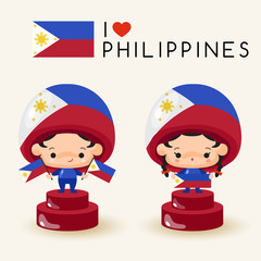 Boy and girl wearing national hat and holding national flags : Philippines : Vector Illustration