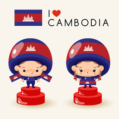 Boy and girl wearing national hat and holding national flags : Cambodia : Vector Illustration