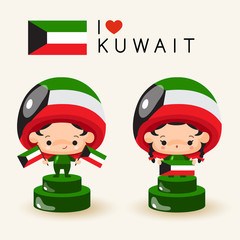 Boy and girl wearing national hat and holding national flags : Kuwait : Vector Illustration