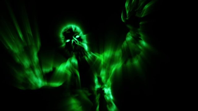 Grim zombie attack with open arms. 3D looped animation in genre of horror. Evil demon monster run. Scary character in green color.