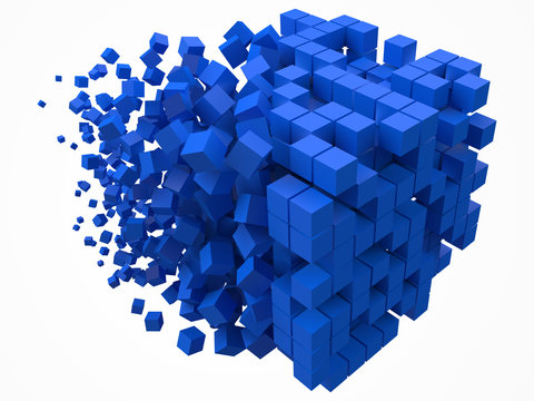 big cubic data block. made with smaller blue cubes. 3d pixel style vector illustration.