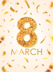 Gold 8 March with Scattered Gold Confettis. International Women's Day Vector Design.