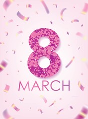 Purple 8 March with Scattered Purple Confettis. International Women's Day Vector Design.