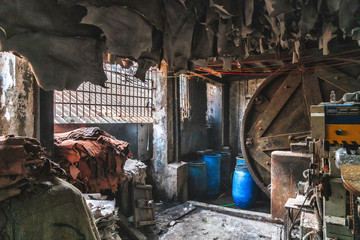 leather factory in the dharavi slum in bombay india