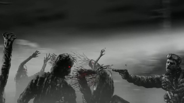 Soldier runs along the road and shoots zombie from pistol. Scary horror character face. The horror genre. Black and white animation.