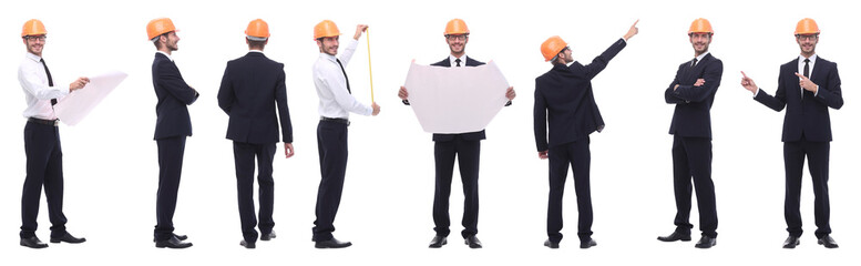 panoramic photo collage of confident architect isolated on white