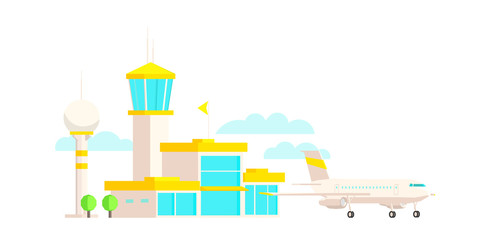 Airport terminal building and airplane. Passenger air transportation. Flat vector colorful illustration.