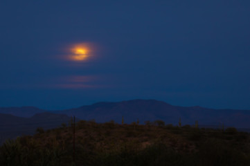 Full moon rising over a desert mountain in the Sonoran wilderness in southwest USA. The colorful full moon rises behind clouds in the night sky, giving the photograph texture in these photos 