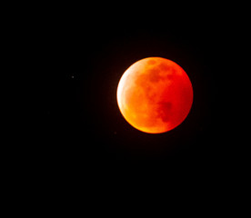 The full Lunar Eclipse in January of 2019 shows the moon in full eclipse and pictures a orangey, red moon glowing in the sky with a section on the edge with whiteish light from the glow of the sun. 