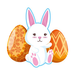 cute rabbit with easter eggs painted