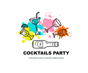 Vector illustration with cocktail glasses, bottle and paint splashes. Template for bar menu, party, alcohol drinks, holidays, flyer, web, poster, banner. Line style vector illustration