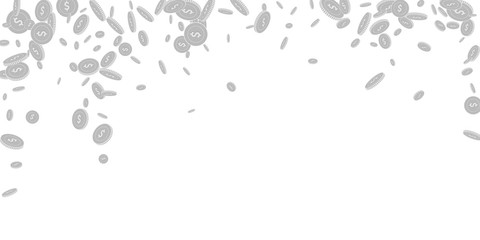 American dollar coins falling. Scattered black and