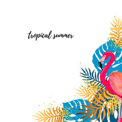 Pink flamingo and tropical leaves. Vector illustration for party, banner, poster, web, invitation. © Natalia