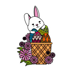 cute rabbit with easter eggs painted in basket and flowers