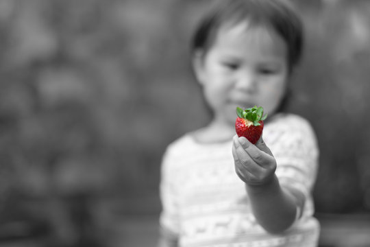 Little Girl Eating Strawberries Outside In The Garden.