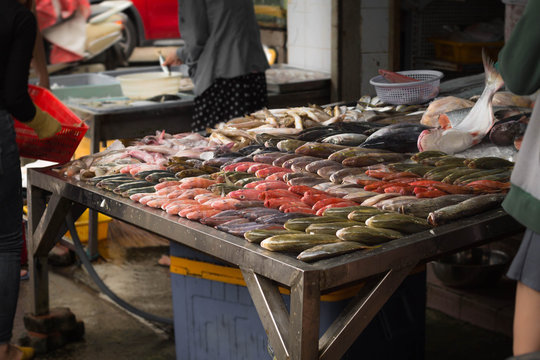 Fresh fish and seafood market on the street.