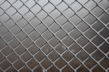 Hard rime on wire mesh fence. forest background.