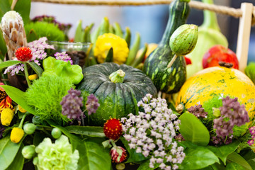 Beautiful bouquet of fresh vegetables and flowers