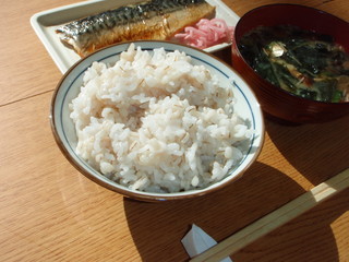 いただきます ～ 麦ごはん、キノコの味噌汁、鯖の塩焼き