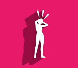 Fototapeta premium Young lady rise her hands to head. Lightings around head. Silhouette of woman suffering from head migraine. Stressed exhausted young woman having strong tension headache. 3D rendering