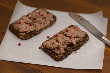 Homemade chicken liver pate on bread