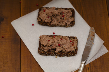 Homemade chicken liver pate on bread