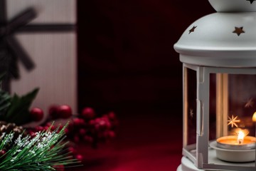 Christmas box with balls and candle for new year for celebrating background
