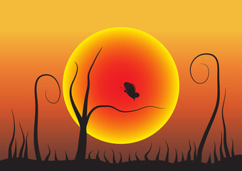 illustration with butterflies and grass at sunset