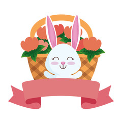 cute rabbit with flowers in basket