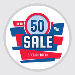 Sale discount up to 50% - concept banner vector illustration. Special offer abstract circle badge. Promotion layout. Graphic design element. 