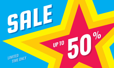 Sale discount up to 50% off - concept horizontal banner vector illustration. Limited time only abstract layout with star shape. Graphic design poster. 