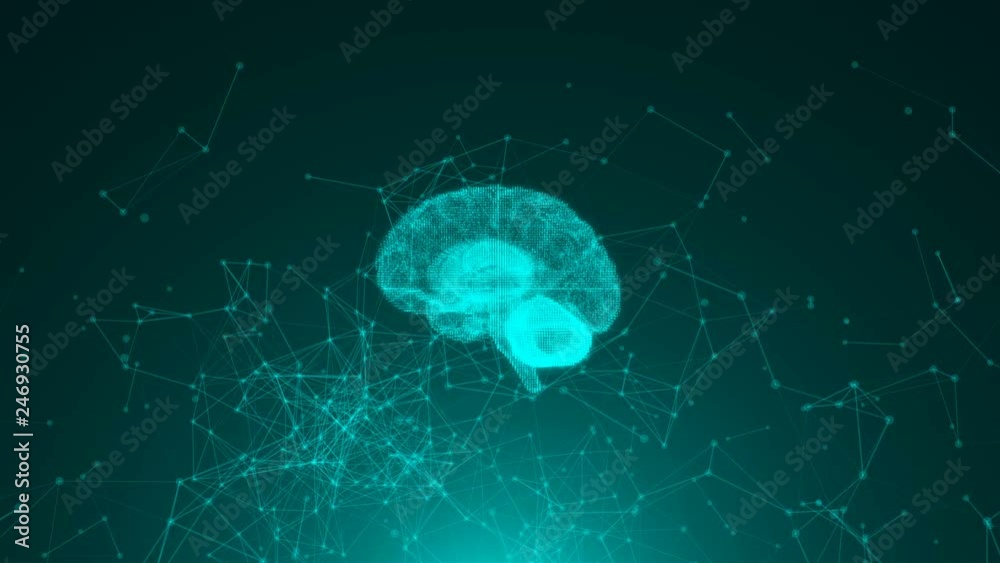 Poster 3d render of brain on background with many connection dots, concept for science, technology, interne
