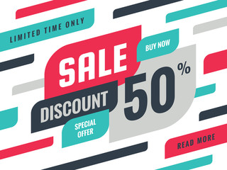 Fototapeta premium Sale - discount 50% concept banner vector illustration. Special offer creative geometric promotion layout. Buy now. Abstract composition. Graphic design sticker. 